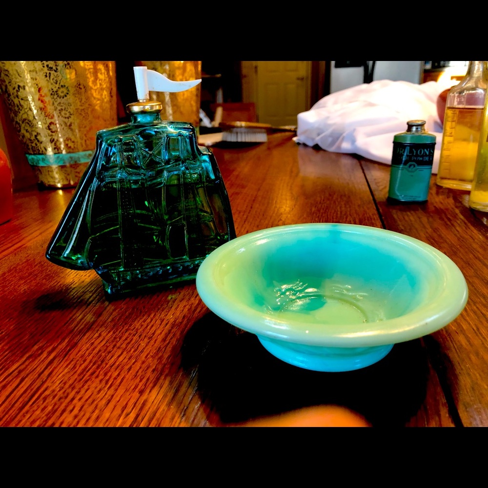 Vintage Old Spice Ships Decanter & Avon Turquoise milk glass bowl